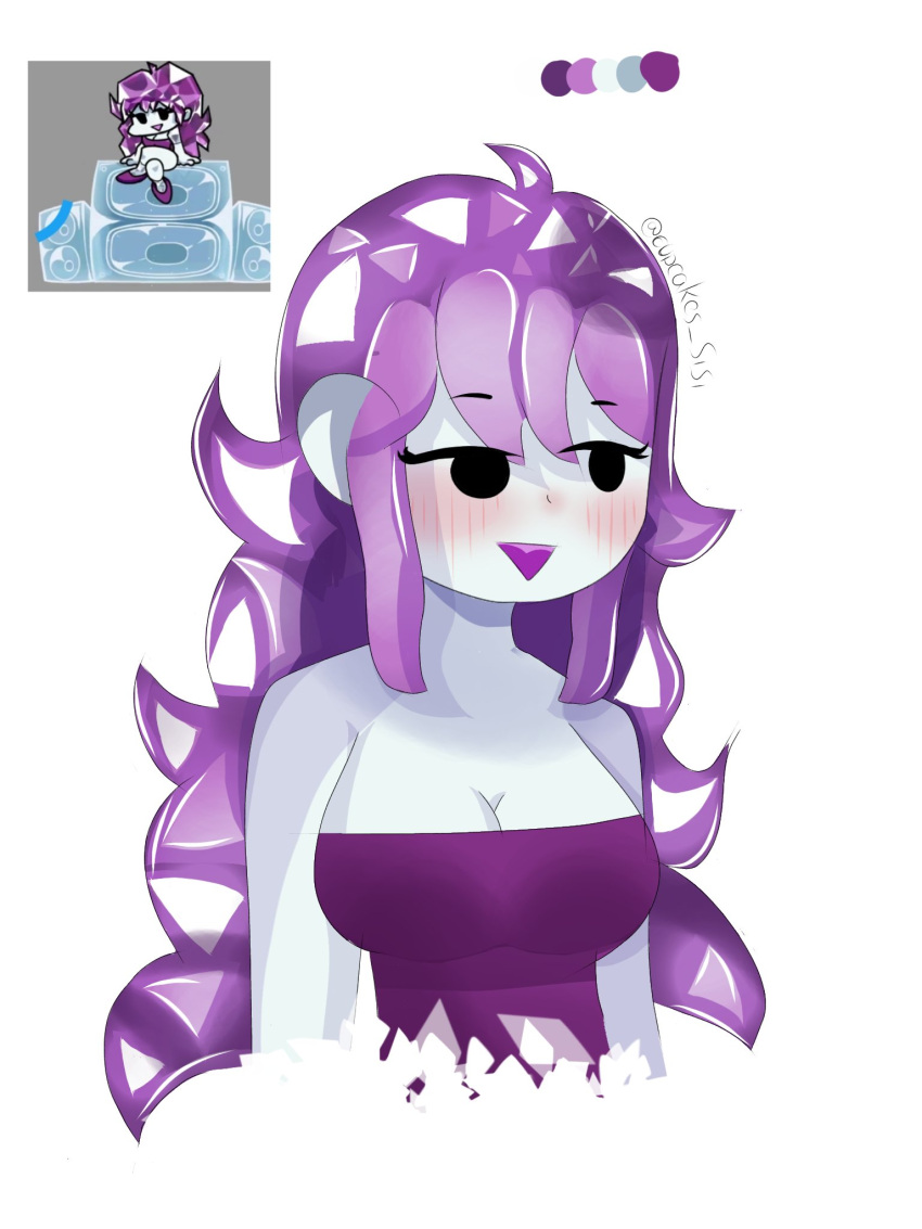 1girl alternate_universe black_eyes blush breasts cleavage cupcakes_sisi friday_night_funkin' friday_night_funkin'_crystal girlfriend_(friday_night_funkin') purple_hair reference_inset simple_background solo white_background white_skin