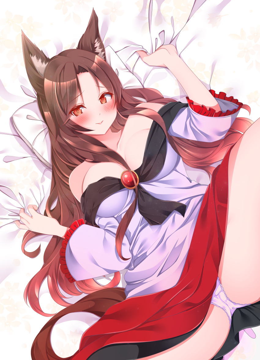 1girl absurdres animal_ear_fluff animal_ears bangs bare_shoulders bed bed_sheet blush breasts brooch brown_hair commentary_request dress frilled_sleeves frills highres imaizumi_kagerou jewelry large_breasts lips long_hair long_sleeves looking_at_viewer lying multicolored_clothes multicolored_dress off-shoulder_dress off_shoulder on_back origami_aya panties parted_bangs pillow red_eyes ruby_(gemstone) sheet_grab shiny shiny_hair sidelocks smile solo spread_legs tail thick_thighs thighs touhou underwear white_panties wide_sleeves wolf_ears wolf_girl wolf_tail