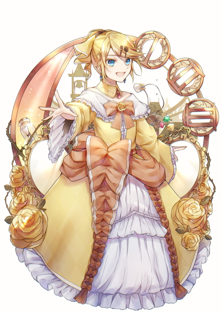 1girl aku_no_musume_(vocaloid) aryuma772 bangs bell_tower blonde_hair blue_eyes bow choker dress dress_bow dress_flower earrings evillious_nendaiki flat_chest flower four_mirrors_of_lucifenia frilled_dress frilled_sleeves frills gem hair_bow hair_ornament hairclip highres jewelry kagamine_rin looking_at_viewer message_in_a_bottle mirror open_mouth orange_bow outstretched_arm petticoat riliane_lucifen_d'autriche roman_numeral rose smile solo swept_bangs thorns twiright_prank_(vocaloid) updo vessel_of_sin vocaloid wide_sleeves yellow_bow yellow_flower yellow_rose