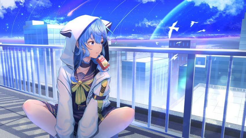 1girl absurdres animal_hood bangs blue_choker blue_eyes blue_hair blue_sailor_collar blue_skirt blue_sky bow bowtie choker cityscape clouds commentary_request day drinking_straw_in_mouth highres hololive hood hood_up hooded_jacket hoshimachi_suisei jacket juice_box long_hair long_sleeves looking_away looking_to_the_side mouth_hold open_clothes open_jacket outdoors railing sailor_collar skirt sky solo star_(symbol) star_in_eye symbol_in_eye v_arms virtual_youtuber white_jacket yellow_bow yellow_bowtie yoruillust