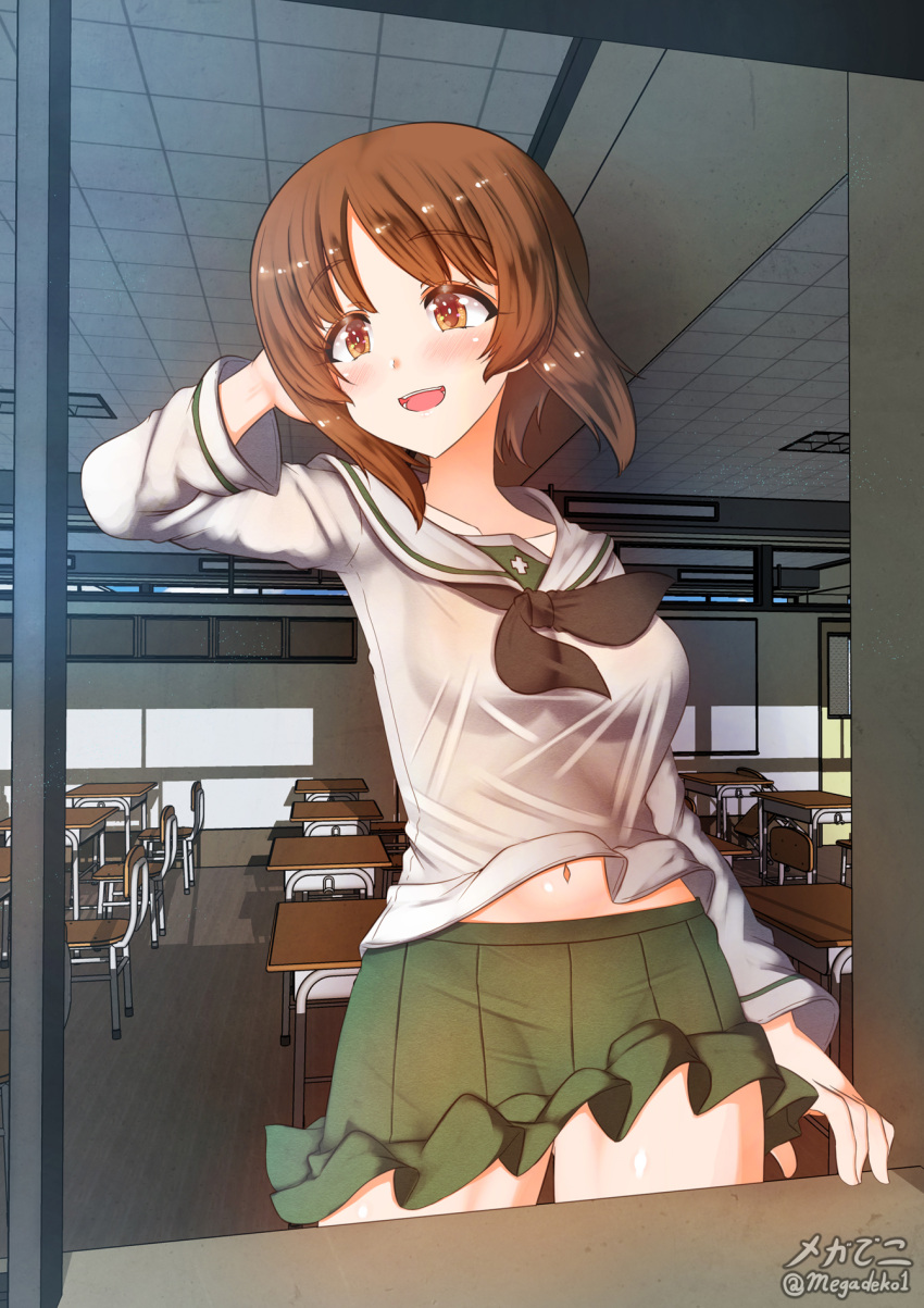 1girl aquaegg blush breasts brown_eyes brown_hair classroom collarbone eyebrows_visible_through_hair girls_und_panzer green_skirt highres large_breasts looking_outside miniskirt navel nishizumi_miho ooarai_school_uniform open_mouth pleated_skirt school_uniform shiny shiny_hair shiny_skin short_hair skirt smile solo window