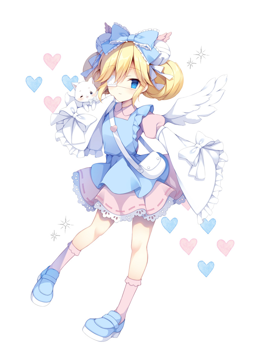 1girl animal apron bag bangs bell blonde_hair blue_apron blue_bow blue_eyes blue_footwear bobby_socks bow cat collared_dress commentary_request commission cutesu_(cutesuu) double_bun dress eyebrows_visible_through_hair eyepatch feathered_wings frilled_sleeves frills hair_bell hair_between_eyes hair_bow hair_ornament heart highres izuminanase jingle_bell layered_sleeves loafers long_sleeves medical_eyepatch original pink_dress pink_legwear pixiv_request pleated_dress puffy_short_sleeves puffy_sleeves shoes short_over_long_sleeves short_sleeves shoulder_bag simple_background sleeves_past_fingers sleeves_past_wrists socks solo white_background white_cat white_wings wide_sleeves wings