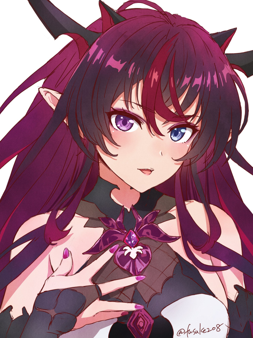 1girl absurdres ahoge black_dress black_gloves black_hair blue_eyes blush breasts bridal_gauntlets commentary demon_horns dress eyebrows_visible_through_hair fangs fuusuke_(fusuke208) gloves hair_between_eyes hand_on_own_chest heterochromia highres hololive hololive_english horns irys_(hololive) long_hair looking_at_viewer medium_breasts multicolored_hair nails_visible_through_gloves open_mouth pointy_ears portrait purple_hair purple_nails redhead simple_background smile solo streaked_hair twitter_username two-tone_dress violet_eyes virtual_youtuber white_background white_dress
