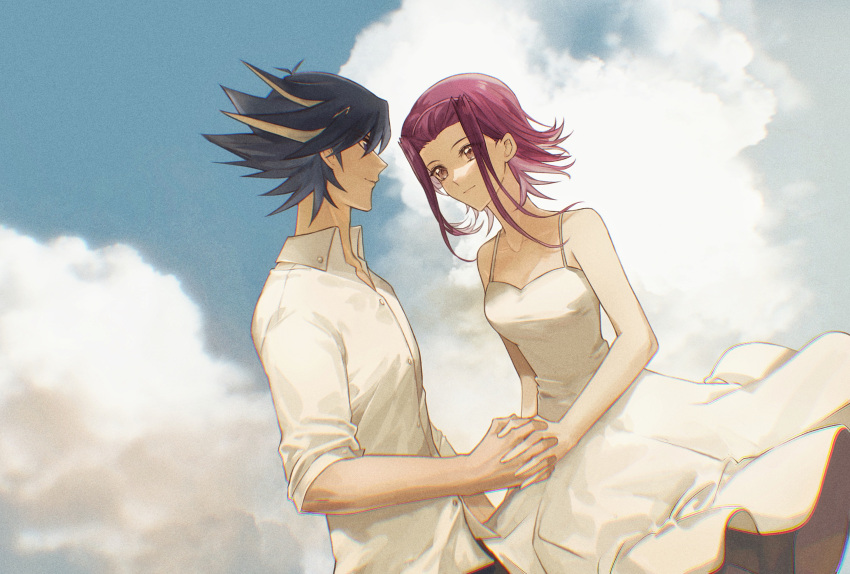 1boy 1girl 2rzmcaizerails6 black_hair blonde_hair blue_eyes blue_sky breasts brown_eyes closed_mouth clouds collarbone collared_shirt couple day dress dress_shirt dutch_angle eye_contact fudou_yuusei hairband hetero highres holding_hands interlocked_fingers izayoi_aki looking_at_another medium_hair multicolored_hair outdoors pink_hairband redhead shirt sidelocks sky sleeveless sleeveless_dress sleeves_rolled_up small_breasts smile spiky_hair standing sundress two-tone_hair white_dress white_shirt wing_collar yu-gi-oh! yu-gi-oh!_5d's