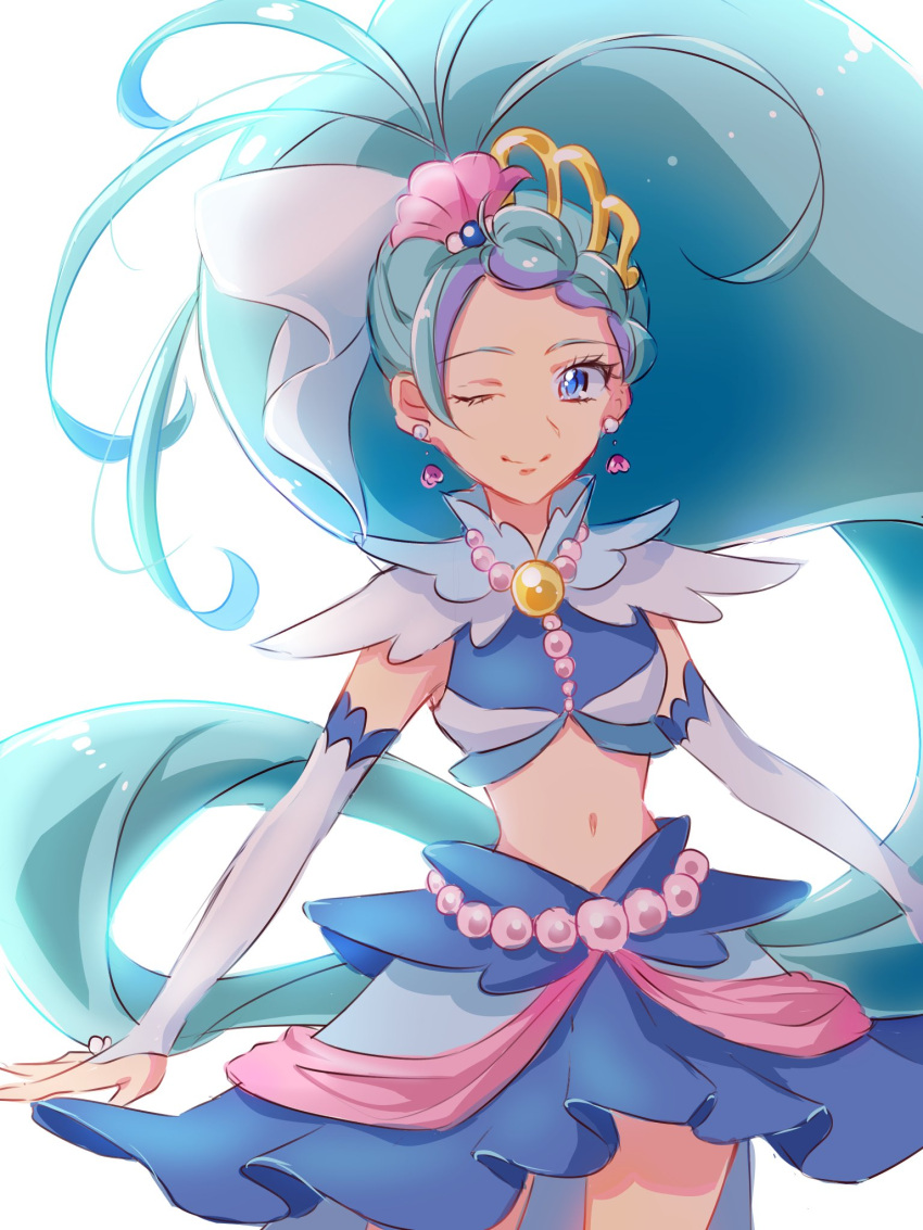 1girl ahoge aqua_hair bangs blue_eyes blue_skirt commentary crop_top cure_mermaid detached_sleeves earrings english_commentary eyelashes fpminnie1 go!_princess_precure hair_ornament highres jewelry kaidou_minami long_hair long_sleeves looking_at_viewer magical_girl midriff miniskirt multicolored_hair navel one_eye_closed parted_bangs pleated_skirt ponytail precure purple_hair simple_background sketch skirt solo streaked_hair two-tone_hair very_long_hair white_background white_sleeves