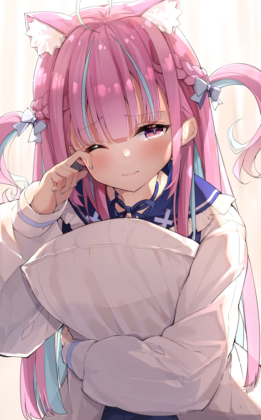 1girl absurdres ahoge animal_ear_fluff animal_ears backlighting bangs blue_bow blue_hair blue_nails blue_sailor_collar blue_skirt blush bow braid cat_ears closed_mouth commentary_request darjeeling_(reley) eyebrows_visible_through_hair frilled_sailor_collar frills hair_bow half-closed_eye hand_up highres hololive jacket long_hair long_sleeves minato_aqua multicolored_hair nail_polish object_hug one_eye_closed open_clothes open_jacket pillow pillow_hug pink_hair pleated_skirt revision rubbing_eyes sailor_collar school_uniform serafuku simple_background skirt sleeves_past_wrists solo two-tone_hair very_long_hair violet_eyes virtual_youtuber white_background white_jacket