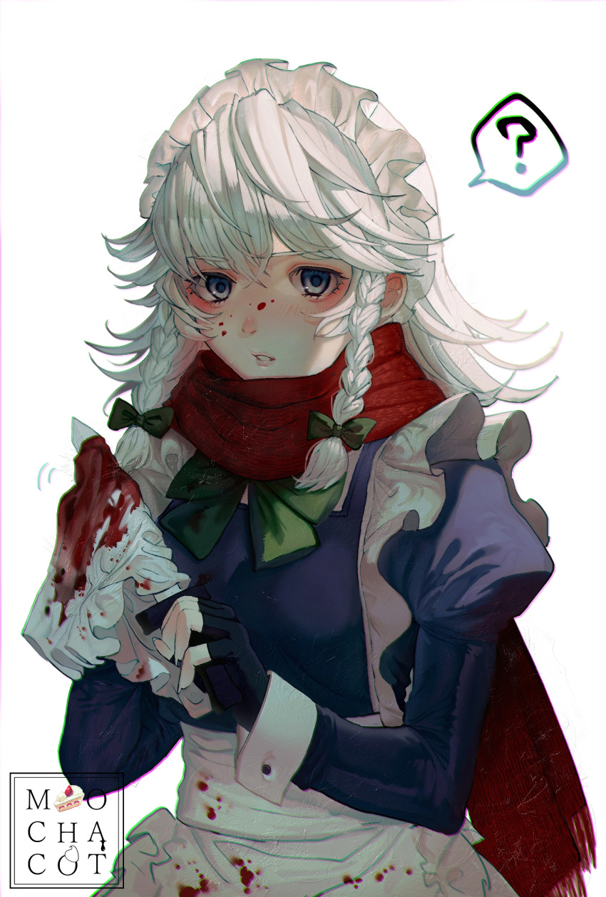 1girl ? blood blood_on_clothes blue_eyes blush braid chromatic_aberration cleaning highres izayoi_sakuya looking_at_viewer maid_headdress mochacot parted_lips scarf silver_hair simple_background solo spoken_question_mark touhou twin_braids upper_body white_background