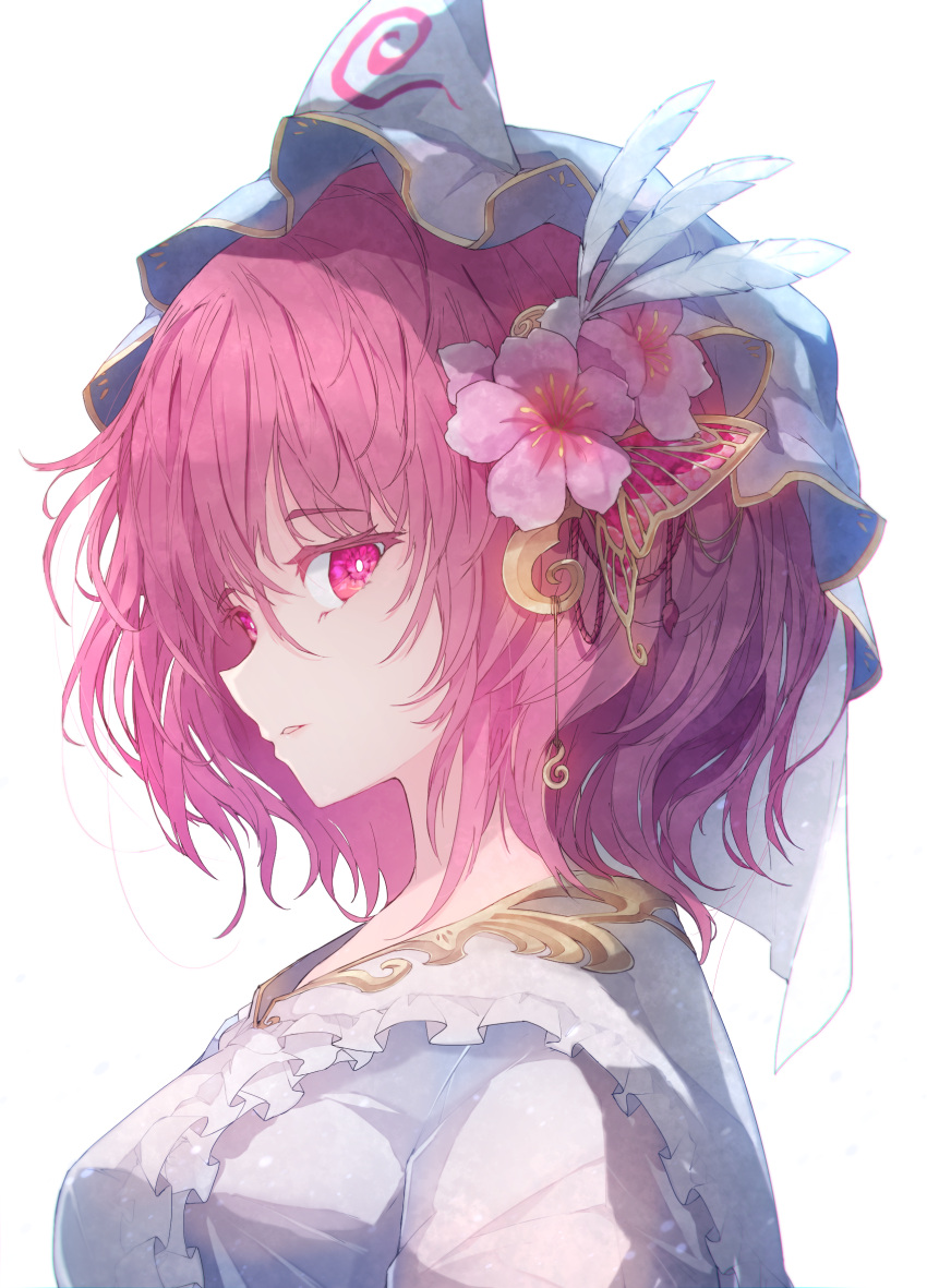1girl adapted_costume bangs blue_headwear blue_kimono breasts bright_pupils chiroru_(cheese-roll) eyebrows_visible_through_hair eyelashes feather_hair_ornament feathers flower frilled_kimono frills from_side gold_trim hair_flower hair_ornament hat highres japanese_clothes kimono large_breasts light_blush lips looking_at_viewer mob_cap parted_lips pink_eyes pink_hair saigyouji_yuyuko short_hair sideways_glance solo standing touhou triangular_headpiece veil white_pupils