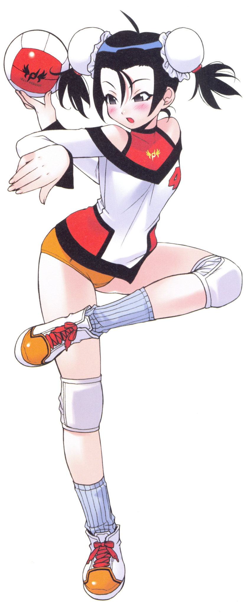 1girl absurdres ahoge ball black_eyes black_hair blush bun_cover buruma double_bun flexible full_body highres holding holding_ball knee_pads long_sleeves numbered open_mouth orange_buruma original scan shoes simple_background sneakers solo standing standing_on_one_leg twintails volleyball white_background yoshizaki_mine