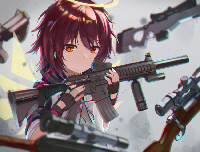 1girl akabane_hibame arknights assault_rifle black_gloves black_legwear black_skirt bolt_action breasts closed_mouth commentary_request exusiai_(arknights) fingerless_gloves gloves grey_shirt gun h&amp;k_hk416 halo handgun highres holding holding_gun holding_weapon hood hooded_jacket jacket l96a1 medium_breasts open_clothes open_jacket partial_commentary red_eyes redhead rifle scope shirt short_hair skirt sniper_rifle solo upper_body weapon white_jacket