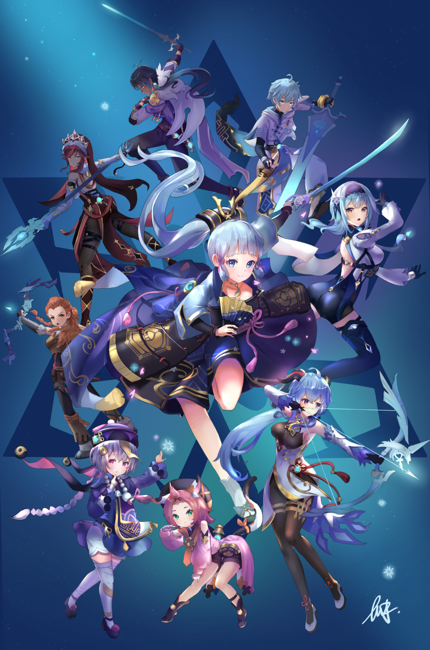 2boys 6+girls absurdres aloy_(horizon) animal_ears arm_guards armor armored_dress arrow_(projectile) backless_leotard bangs bare_shoulders bead_necklace beads bell black_bodysuit black_hairband black_headband black_leotard blue_hair blunt_bangs bodice bodysuit boots bow_(weapon) braid breastplate breasts brown_hair cat_ears cat_girl cat_tail chongyun_(genshin_impact) claw_ring clover_print coif coin_hair_ornament cowbell crossover curvy dark-skinned_male dark_skin detached_sleeves diona_(genshin_impact) earrings eula_(genshin_impact) eyepatch fishnets fur_scarf ganyu_(genshin_impact) genshin_impact greatsword habit hair_ribbon hairband hand_fan hat headband high-waist_shorts high_heels highres holding holding_bow_(weapon) holding_fan holding_weapon horizon_zero_dawn horns japanese_armor jewelry jiangshi kaeya_(genshin_impact) kamisato_ayaka large_breasts leotard light_blue_eyes light_blue_hair long_hair looking_at_viewer looking_to_the_side medium_hair mole mole_under_eye multicolored_clothes multicolored_headwear multiple_boys multiple_girls necklace northman48 nun ofuda paw_print pink_hair ponytail puffy_detached_sleeves puffy_shorts puffy_sleeves purple_hair purple_headwear qing_guanmao qiqi_(genshin_impact) red_eyes redhead ribbon rosaria_(genshin_impact) shorts single_earring tail talisman tassel thick_eyebrows thigh-highs thigh_boots thigh_strap tress_ribbon two-tone_dress vambraces veil violet_eyes vision_(genshin_impact) weapon