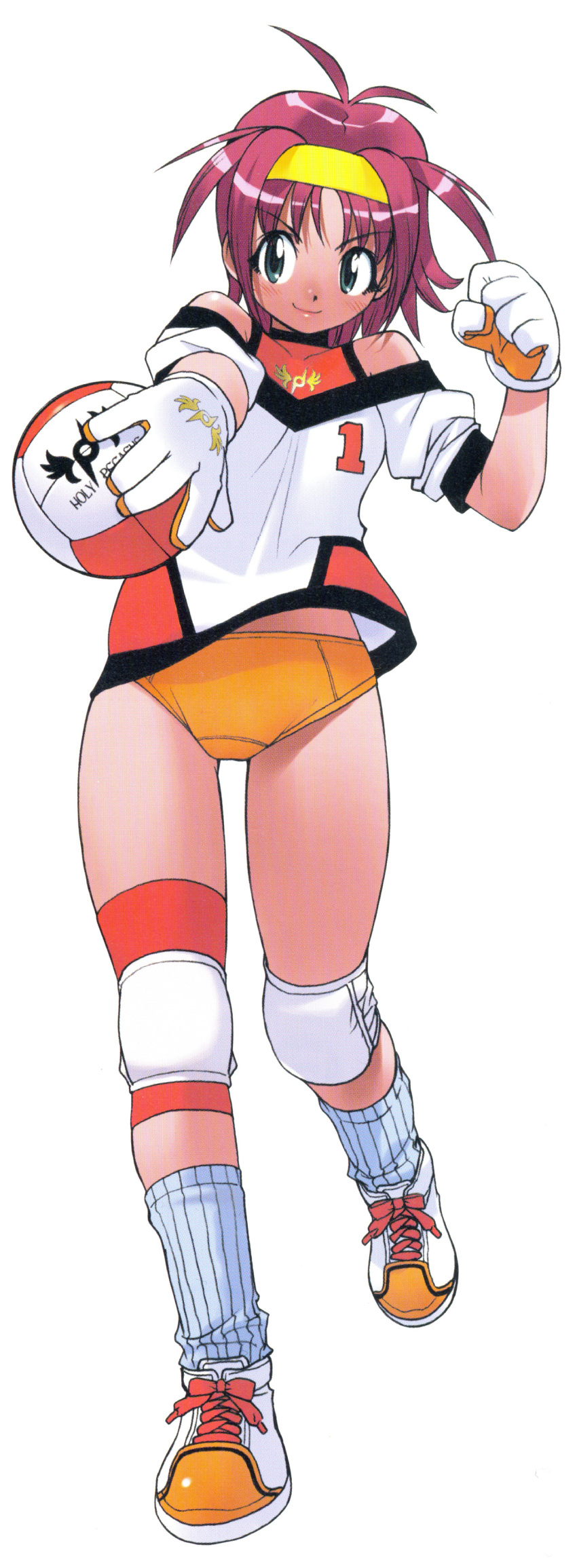 1girl absurdres ball bangs blue_eyes buruma clenched_hand eyebrows_visible_through_hair full_body hairband highres holding holding_ball knee_pads medium_hair midriff_peek numbered orange_buruma original redhead scan shoes short_sleeves simple_background smile sneakers solo volleyball white_background yoshizaki_mine