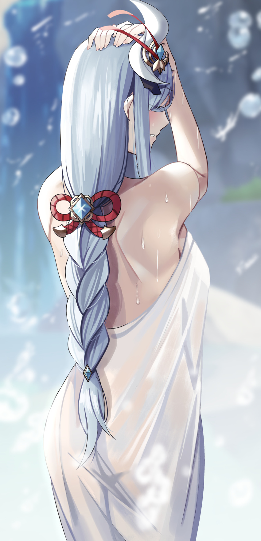 1girl absurdres ass back bangs blush braid braided_ponytail breasts closed_eyes genshin_impact hair_ornament hair_over_one_eye highres large_breasts long_hair nicky_w shenhe_(genshin_impact) silver_hair solo thighs very_long_hair wet