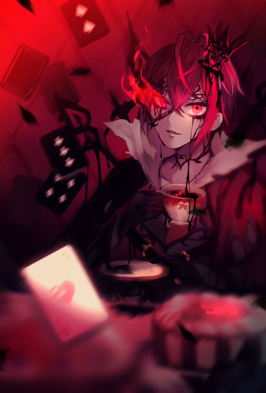 1boy ahoge bangs black_gloves card choker collarbone crossed_bangs crown cup dripping flaming_eye gloves hair_between_eyes heart heart_ahoge heart_print highres holding holding_cup ink ink_on_face inkblot kakkou_(kakkkkkou) looking_at_viewer male_focus mini_crown overblot overflow parted_lips playing_card red_background red_eyes redhead riddle_rosehearts saucer short_hair sitting smile solo teacup torn_clothes twisted_wonderland