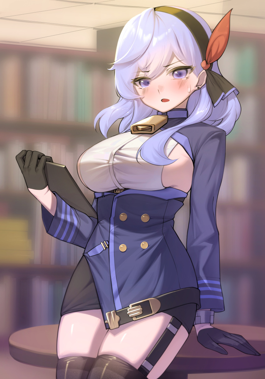 1girl absurdres ako_(blue_archive) bell black_gloves black_legwear blue_archive blue_eyes blue_hair blurry blurry_background blush bookshelf breasts buttons double-breasted ear_piercing earrings embarrassed garter_belt gloves gradient_eyes hair_between_eyes hairband half_gloves hand_on_table highres holding indoors jewelry large_breasts long_hair long_sleeves looking_at_viewer multicolored_eyes neck_bell piercing sbgu shiny shiny_hair sideboob skindentation solo table tearing_up thigh-highs violet_eyes zettai_ryouiki