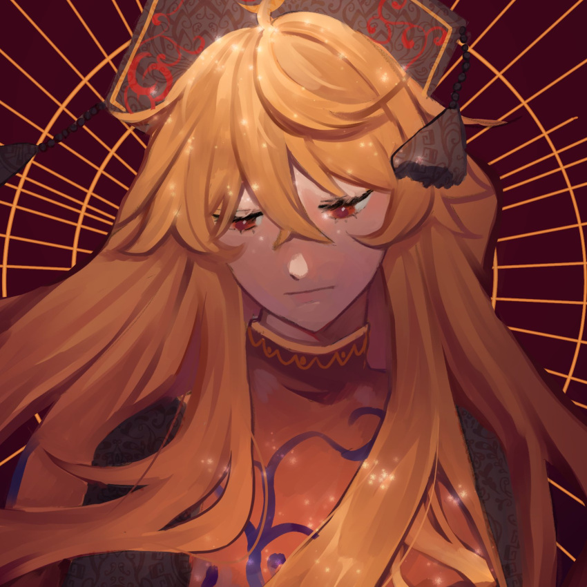 1girl bangs black_dress black_headwear blonde_hair breasts brown_background chinese_clothes closed_mouth crescent dress eyebrows_visible_through_hair gradient gradient_hair hair_between_eyes hat highres junko_(touhou) long_hair long_sleeves looking_down medium_breasts multicolored_hair orange_hair pandelia phoenix_crown pom_pom_(clothes) red_eyes red_vest solo tabard touhou upper_body vest