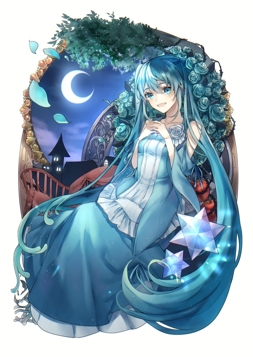 1girl apple aqua_dress aqua_eyes aqua_hair aqua_rose aryuma772 bare_shoulders bone bottle candy clothing_cutout clouds collarbone crescent_moon dress evillious_nendaiki food frilled_dress frills fruit hatsune_miku highres holding holding_bottle konpeitou long_dress long_hair looking_at_viewer margarita_blankenheim moon moonlit_bear_(vocaloid) nemurase_hime_kara_no_okurimono_(vocaloid) night night_sky open_mouth petals plateau_no_hana_(vocaloid) red_apple shoulder_cutout sitting sky smile solo spoilers twintails very_long_hair vocaloid wide_sleeves