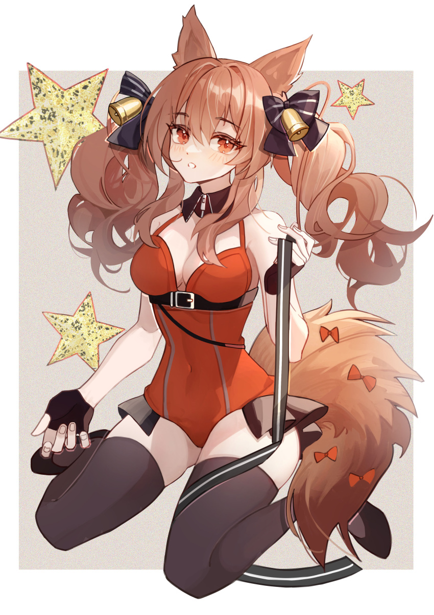 1girl absurdres alternate_costume angelina_(arknights) animal_ears arknights bare_shoulders bell black_bow black_gloves black_legwear bow breasts brown_hair commentary covered_navel fingerless_gloves fox_ears fox_tail gloves hair_bell hair_bow hair_ornament highres lan_zhu_gu leotard long_hair looking_at_viewer medium_breasts orange_eyes parted_lips red_leotard sitting solo star_(symbol) tail thigh-highs thighs twintails wariza