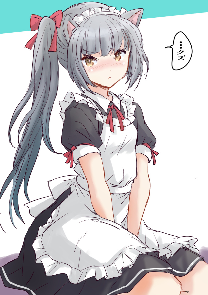 1girl alternate_costume animal_ears apron black_dress brown_eyes cat_ears cat_tail dress enmaided fuji_(pixiv24804665) grey_hair highres kantai_collection kasumi_(kancolle) long_hair looking_at_viewer maid maid_headdress puffy_sleeves short_sleeves side_ponytail solo tail v_arms white_apron