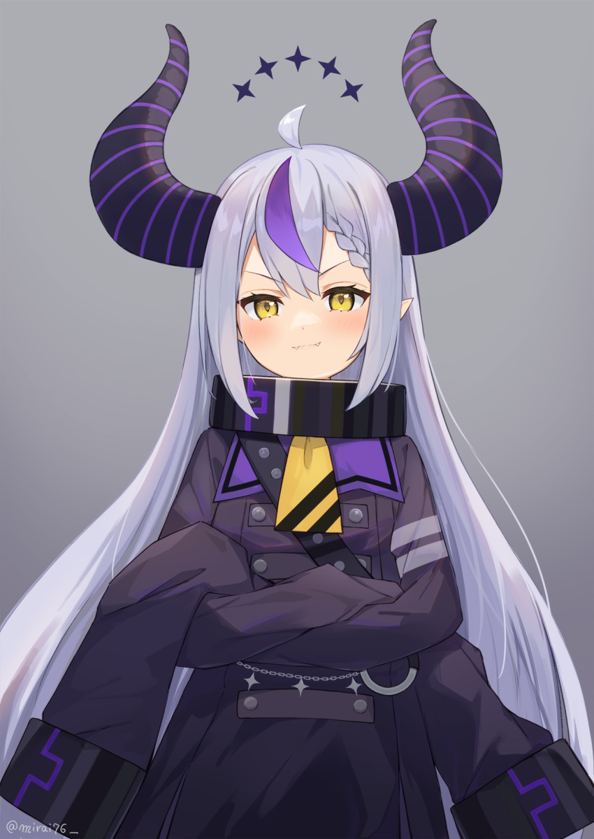 1girl ahoge ascot bangs black_dress blush braid closed_mouth collar commentary_request crossed_arms demon_horns dress fangs fangs_out highres hololive horns la+_darknesss long_hair long_sleeves looking_at_viewer metal_collar mirai_(mirai76_) multicolored_hair purple_hair silver_hair sleeves_past_fingers sleeves_past_wrists solo streaked_hair twitter_username v-shaped_eyebrows very_long_hair virtual_youtuber yellow_ascot yellow_eyes