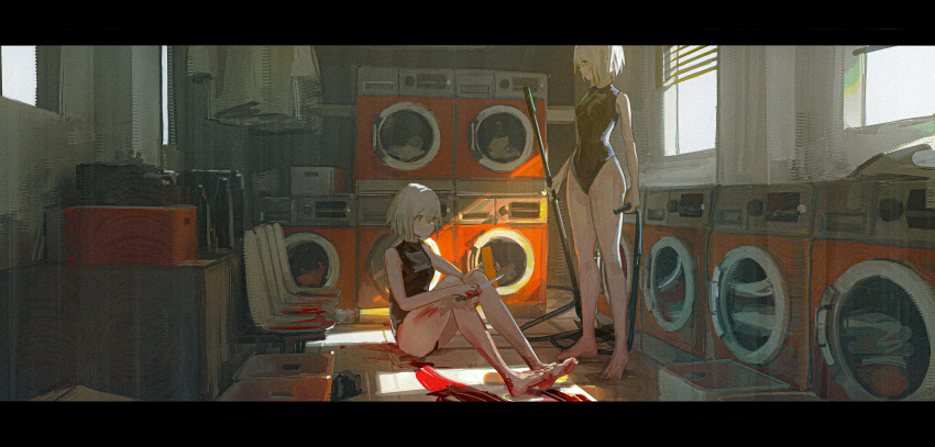 2girls absurdres alcxome bare_arms bare_legs barefoot black_swimsuit blinds blood blood_on_ground blood_on_hands blood_on_leg breasts cable chair closed_mouth commentary english_commentary full_body grey_hair highres holding holding_cable holding_knife indoors knife letterboxed multiple_girls on_ground one-piece_swimsuit original short_hair sitting small_breasts standing swimsuit washing_machine