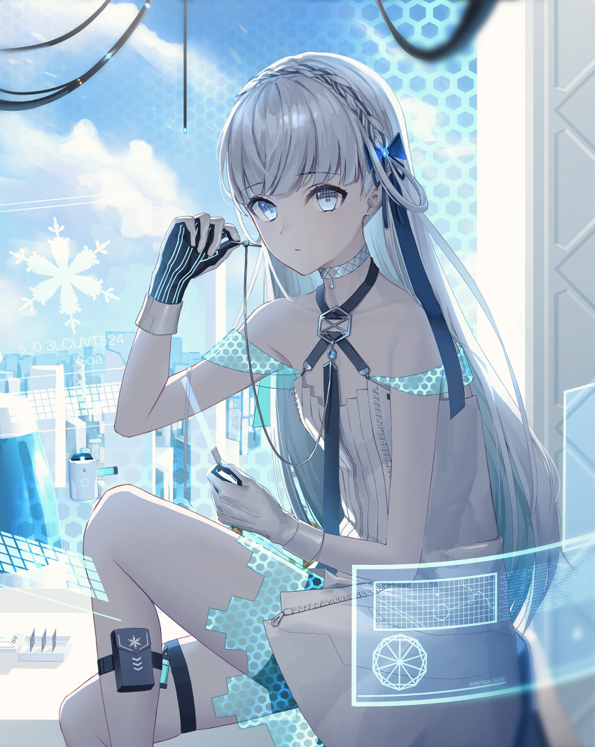 1girl absurdres android bangs blue_eyes blue_ribbon blunt_bangs braid character_name choker closed_mouth commentary dress eyebrows_visible_through_hair feet_out_of_frame flat_chest gloves grey_hair hair_ornament halterneck hand_up highres holding indoors long_hair looking_at_viewer narukami_arei original ribbon sitting solo thigh_strap very_long_hair white_dress white_gloves