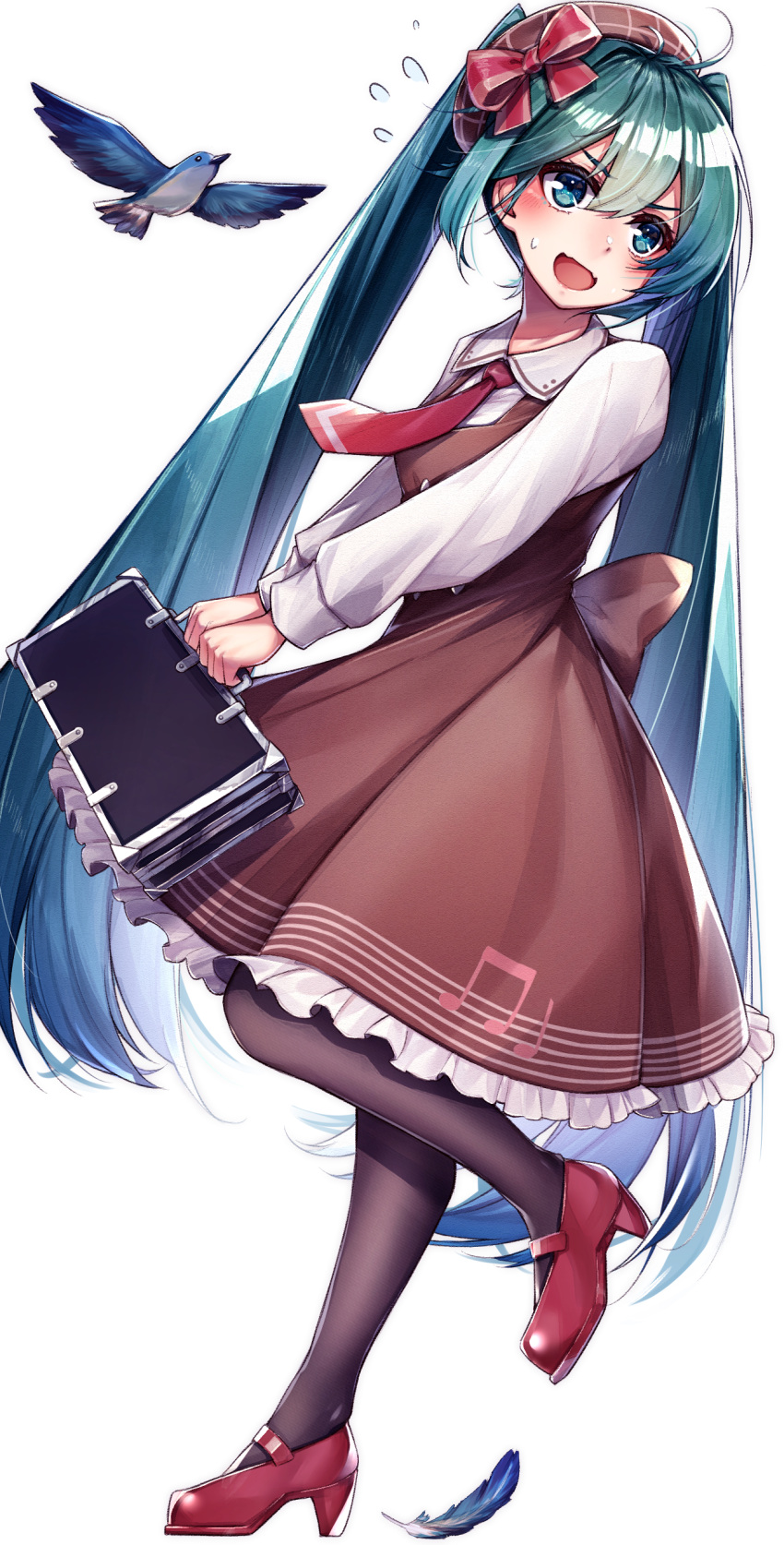 1girl :d absurdres aqua_hair bangs bird black_legwear blue_eyes blue_feathers blue_hair blush bow brown_dress collared_shirt dress frilled_dress frills gradient_hair hair_between_eyes hair_bow hatsune_miku highres holding leaning_back leg_up long_hair marutenmaruten mary_janes medium_dress multicolored_hair necktie pantyhose pinafore_dress red_bow red_footwear red_necktie shiny shiny_hair shirt shoes simple_background smile solo standing sweatdrop twintails very_long_hair vocaloid white_background white_shirt wing_collar