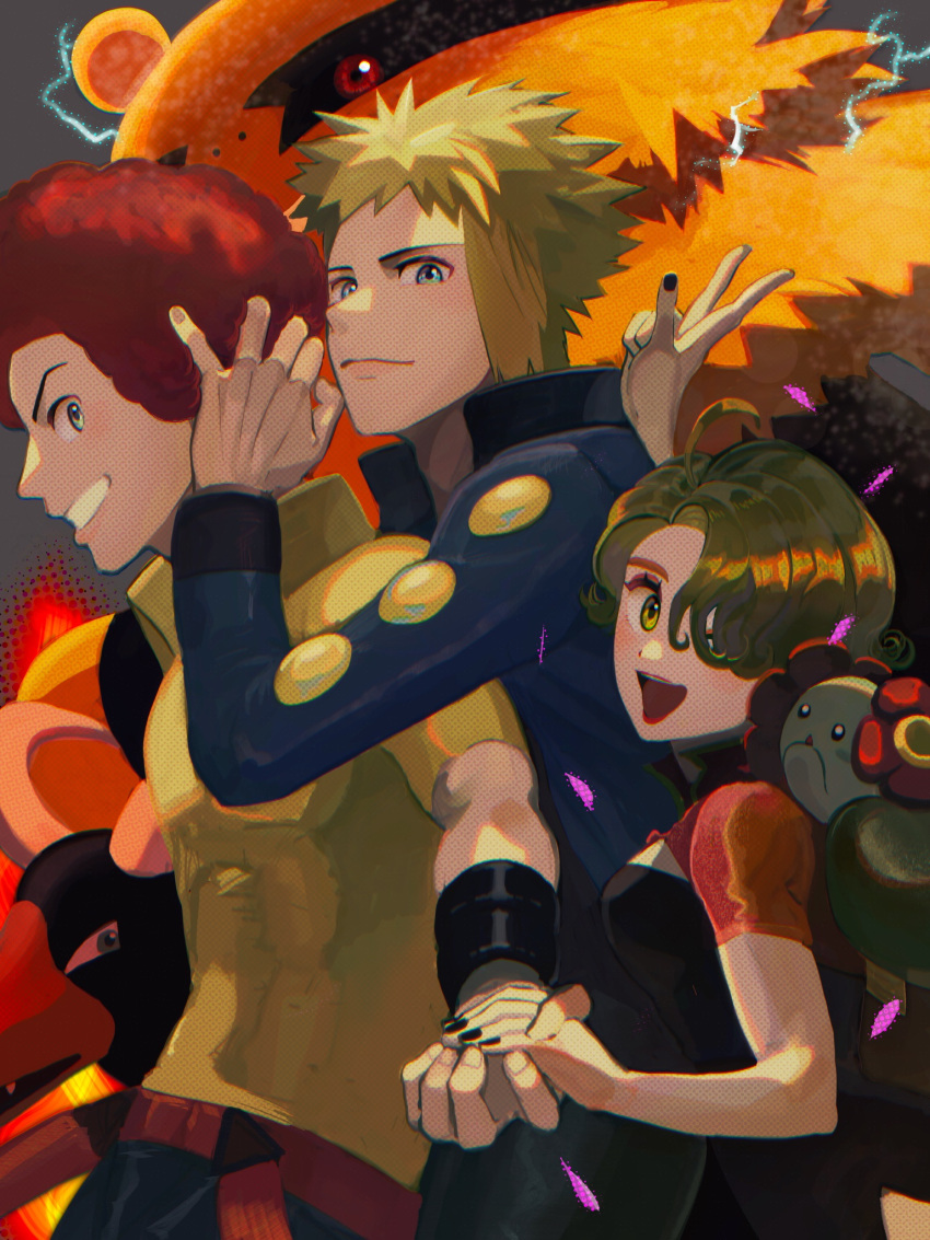 1girl 2boys :d afro bellossom black_nails blonde_hair blue_eyes blue_jacket character_request collared_shirt electivire flint_(pokemon) from_side green_hair grey_eyes grin hand_grab hand_up highres houndoom jacket long_sleeves looking_at_viewer multiple_boys nail_polish open_mouth pokemon pokemon_(game) pokemon_dppt red_lips redhead shiny shiny_hair shirt short_hair short_sleeves smile spiky_hair symbol-only_commentary teeth tongue ukyu_(komarukoune) upper_teeth volkner_(pokemon) yellow_shirt