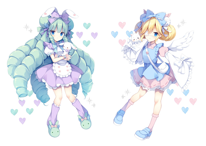 2girls animal animal_ears animal_slippers apron bag bangs bell blonde_hair blue_apron blue_bow blue_eyes blue_footwear blush bobby_socks bow cat closed_mouth collared_dress commission cutesu_(cutesuu) double_bun dress drill_hair eyebrows_visible_through_hair eyepatch feathered_wings frilled_apron frilled_bow frilled_sleeves frills green_footwear green_hair hair_bell hair_between_eyes hair_bow hair_ornament heart highres izuminanase jingle_bell layered_sleeves loafers long_hair long_sleeves loose_socks medical_eyepatch miruku_(cutesuu) multiple_girls original pink_dress pink_legwear pixiv_request pleated_dress pleated_skirt puffy_short_sleeves puffy_sleeves purple_bow purple_legwear purple_skirt rabbit rabbit_ears ribbed_legwear shirt shoes short_over_long_sleeves short_sleeves shoulder_bag simple_background skirt sleeves_past_fingers sleeves_past_wrists slippers smile socks very_long_hair waist_apron white_apron white_background white_cat white_shirt white_wings wide_sleeves wings