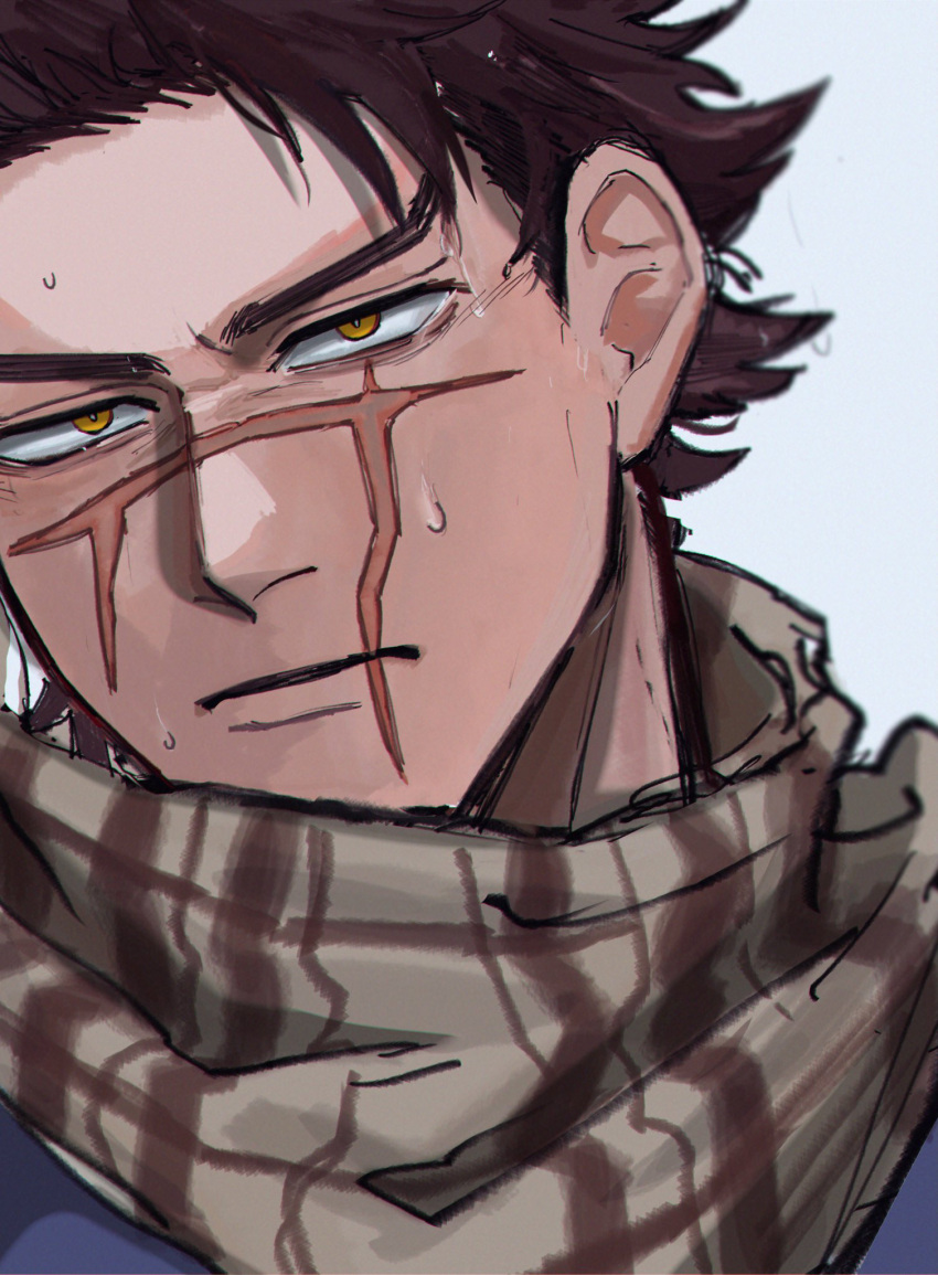 1boy brown_eyes brown_hair face golden_kamuy highres looking_at_viewer male_focus nipples no_headwear scar scar_on_cheek scar_on_face scar_on_mouth scar_on_nose scarf serious short_hair sideburns solo spiky_hair sugimoto_saichi ton_(ton19130318) unfinished upper_body wet wet_hair