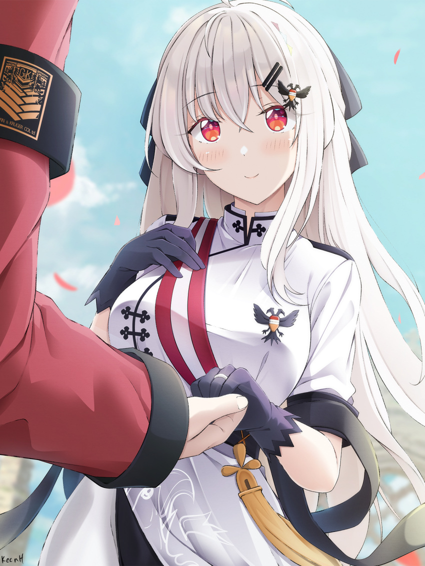 1boy 1girl armband bangs black_bow black_gloves blue_sky blush bow breasts closed_mouth clouds commander_(girls'_frontline) commentary day dress eyebrows_visible_through_hair girls_frontline glint gloves hair_between_eyes hair_bow hair_ornament hairclip hand_up highres iws_2000_(girls'_frontline) jacket jewelry keenh medium_breasts outdoors petals red_eyes red_jacket ring short_sleeves sky smile solo_focus wedding_band white_dress white_hair