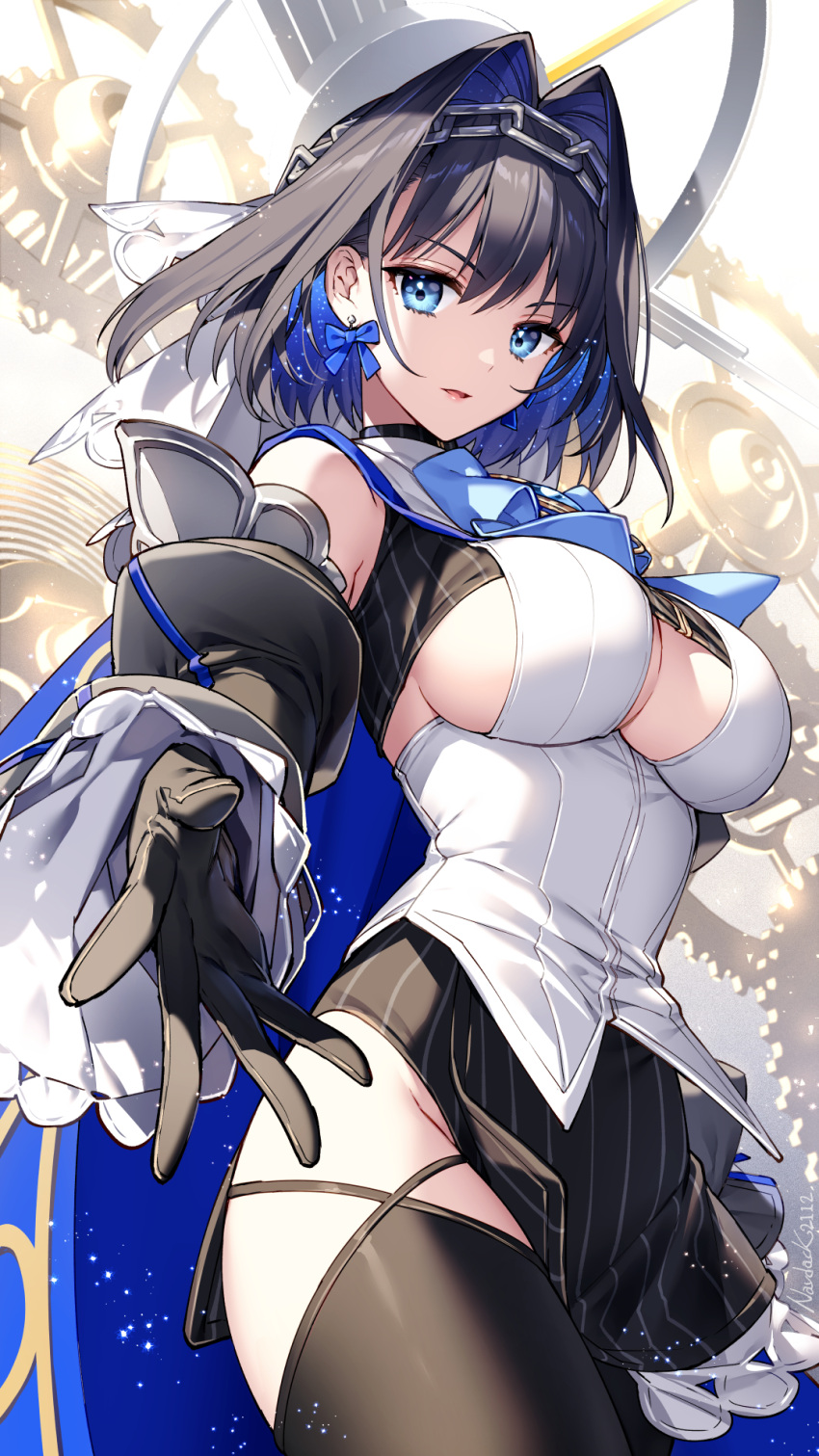 1girl bangs black_gloves black_hair black_legwear black_skirt blue_bow blue_hair bow bow_earrings breasts chain colored_inner_hair commentary detached_sleeves earrings eyebrows_visible_through_hair gloves hair_intakes head_chain highres hololive hololive_english jewelry large_breasts long_sleeves looking_at_viewer mechanical_halo multicolored_hair nardack ouro_kronii parted_lips reaching_out shirt sideboob skirt solo striped striped_skirt symbol-only_commentary thigh-highs vertical-striped_skirt vertical_stripes virtual_youtuber white_shirt