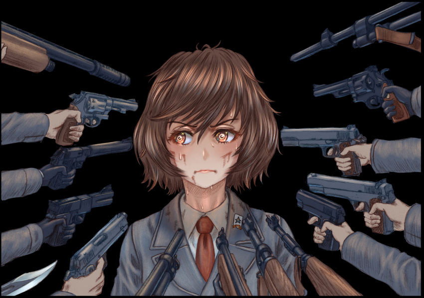 1girl akiyama_yukari at_gunpoint bangs bayonet black_background black_gloves blazer brown_eyes brown_hair closed_mouth commentary dirty dirty_face disguise dress_shirt emblem eyebrows_visible_through_hair frown girls_und_panzer gloves grey_jacket gun gun_to_head handgun highres holding holding_gun holding_weapon jacket john_wick long_sleeves looking_to_the_side m1911 messy_hair multiple_others necktie out_of_frame revolver saunders_(emblem) saunders_school_uniform school_uniform shirt short_hair simple_background solo_focus surrounded sweat tigern_(tigern28502735) weapon weapon_request white_shirt wing_collar