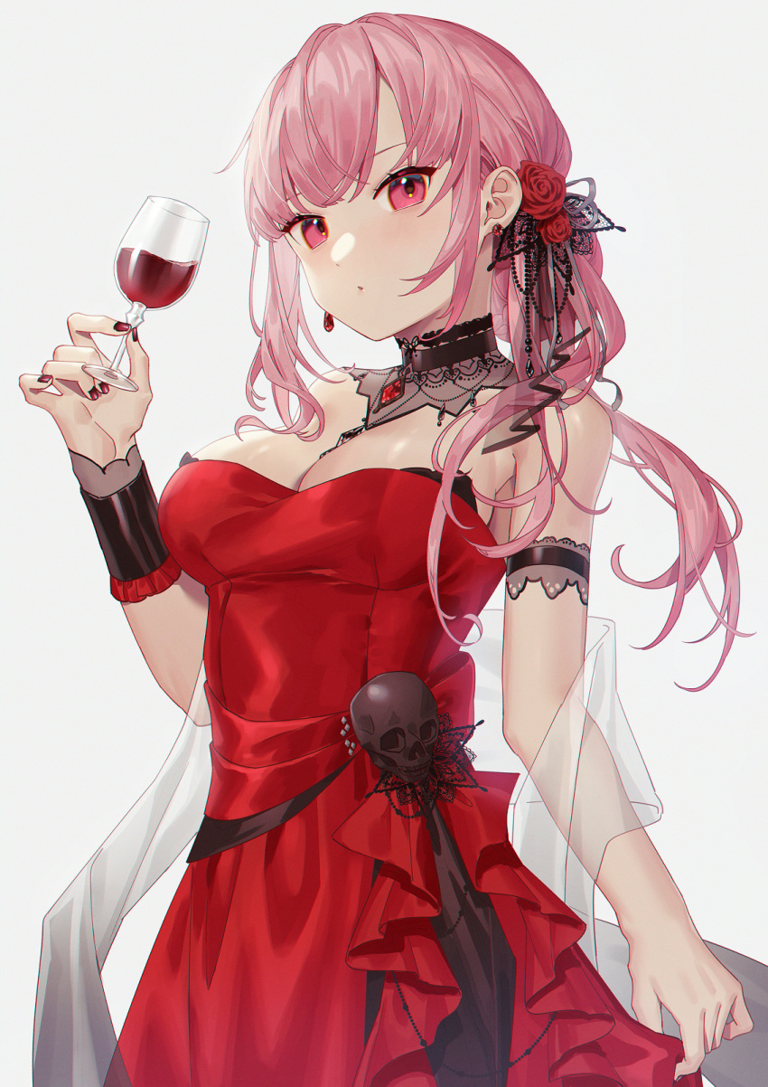 1girl bangs breasts commentary cowboy_shot cup detached_collar dress drinking_glass flower hair_flower hair_ornament hand_up highres holding holding_cup hololive hololive_english large_breasts long_hair looking_at_viewer mori_calliope nail_polish parted_lips pink_eyes pink_hair red_dress red_flower red_nails red_rose rose simple_background solo standing strapless strapless_dress virtual_youtuber wenz white_background wrist_cuffs