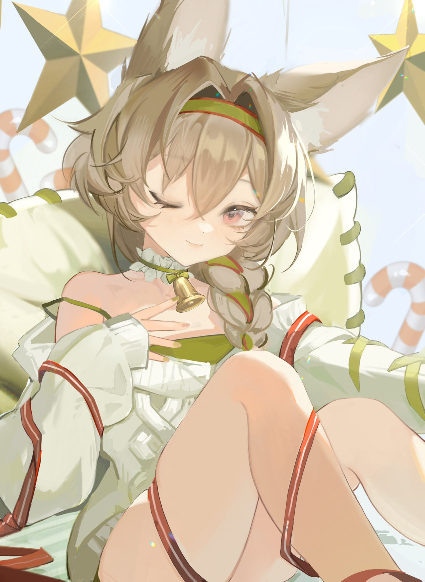 1girl ;) animal_ear_fluff animal_ears arknights bangs beanstalk_(gift_uncompleted)_(arknights) bell blush braid brown_hair candy candy_cane closed_mouth couch dreamsoulfrag dress eyebrows_visible_through_hair food green_hairband hair_between_eyes hair_intakes hair_over_shoulder hairband hand_on_own_chest highres knees_up long_hair long_sleeves looking_at_viewer neck_bell neck_garter off-shoulder_dress off-shoulder_sweater off_shoulder official_alternate_costume on_couch one_eye_closed red_eyes red_ribbon ribbon single_braid sitting skindentation sleeves_past_wrists smile solo star_(symbol) strap_slip sweater sweater_dress white_dress white_sweater