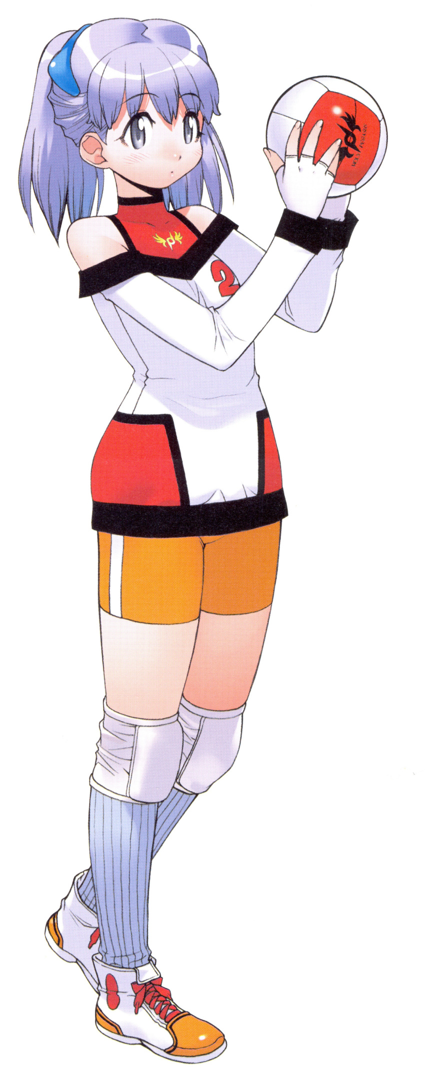1girl absurdres ball bike_shorts expressionless fingerless_gloves full_body gloves grey_eyes highres holding holding_ball knee_pads kneehighs long_hair long_sleeves numbered original scan shoes silver_hair simple_background sneakers solo standing twintails volleyball white_background white_gloves yoshizaki_mine