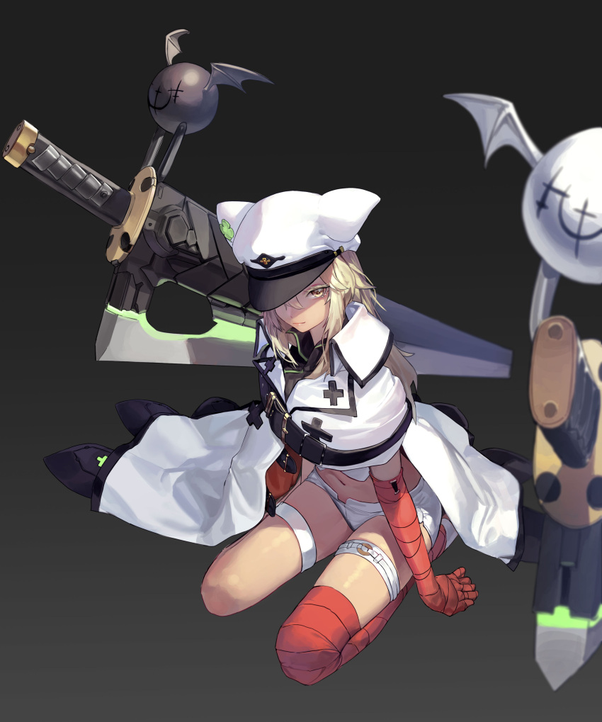 1girl absurdres animal_ear_headwear arm_wrap belt blonde_hair closed_mouth coat coat_on_shoulders commentary full_body guilty_gear highres kneeling leg_wrap long_hair looking_at_viewer mac_star midriff navel ramlethal_valentine red_legwear single_thighhigh solo sword thigh-highs thigh_strap weapon white_coat white_headwear wrist_wrap yellow_eyes