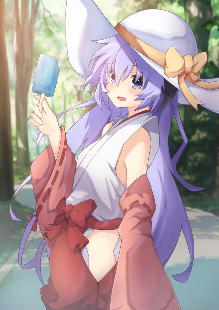 1girl bangs bare_shoulders blush bow breasts curled_horns day detached_sleeves eyebrows_visible_through_hair food from_side hair_between_eyes hakama hakama_skirt hand_up hanyuu hat highres higurashi_no_naku_koro_ni horns ice_cream japanese_clothes kimono long_hair long_sleeves looking_at_viewer miko nature nontraditional_miko open_mouth outdoors path popsicle purple_hair red_bow red_hakama ribbon ribbon-trimmed_sleeves ribbon_trim road shiny shiny_hair skirt sleeveless sleeveless_kimono smile solo tree upper_body very_long_hair violet_eyes white_headwear wide_sleeves yellow_ribbon yuyunatsuki