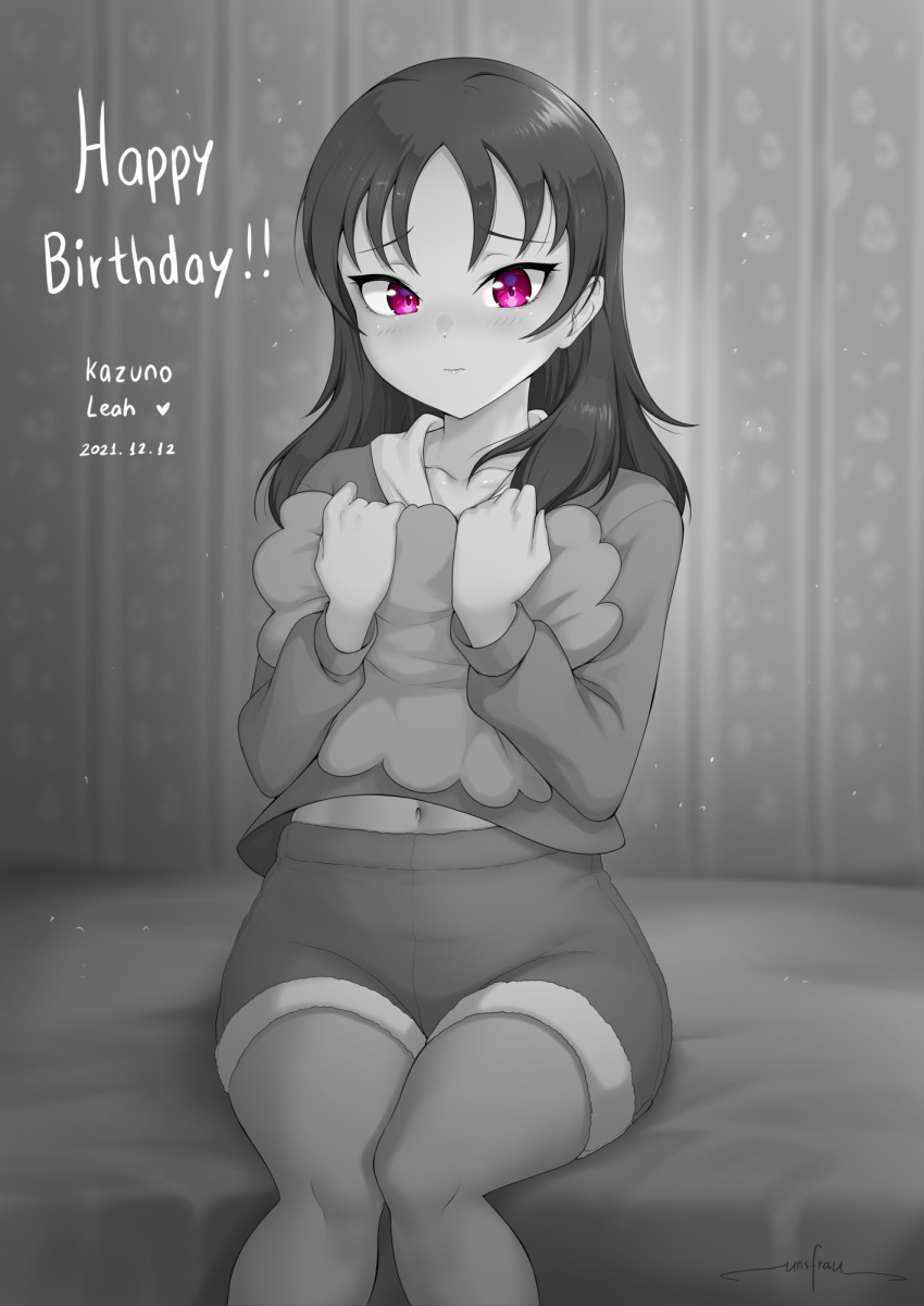 1girl blush character_name closed_mouth collarbone dated eyebrows_visible_through_hair greyscale happy_birthday highres holding holding_pillow indoors kazuno_leah long_hair long_sleeves looking_at_viewer love_live! love_live!_sunshine!! monochrome navel pillow pink_eyes shorts sitting solo unsfrau