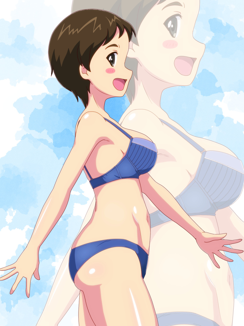 1girl blue_bra blue_panties blush blush_stickers bra breasts brown_eyes brown_hair from_side girls_und_panzer gogopaint highres kojima_emi large_breasts navel open_mouth panties shiny shiny_hair shiny_skin short_hair smile solo underwear