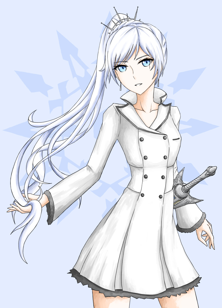 1girl absurdres blue_background blue_eyes buttons coat double-breasted earrings hand_in_hair high_ponytail highres jewelry long_hair looking_at_viewer myrtenaster parted_lips ponytail rwby scar scar_across_eye smile solo tsukimizake very_long_hair weiss_schnee white_coat white_hair