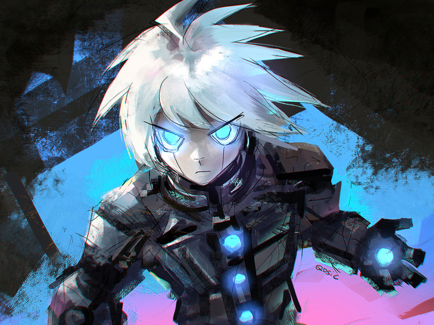 1boy ahoge android artist_name bangs black_background blue_background buttons closed_mouth colored_skin commentary danganronpa_(series) danganronpa_v3:_killing_harmony glowing glowing_eyes grey_hair grey_skin keebo looking_at_viewer pink_background power_armor qosic short_hair sketch solo