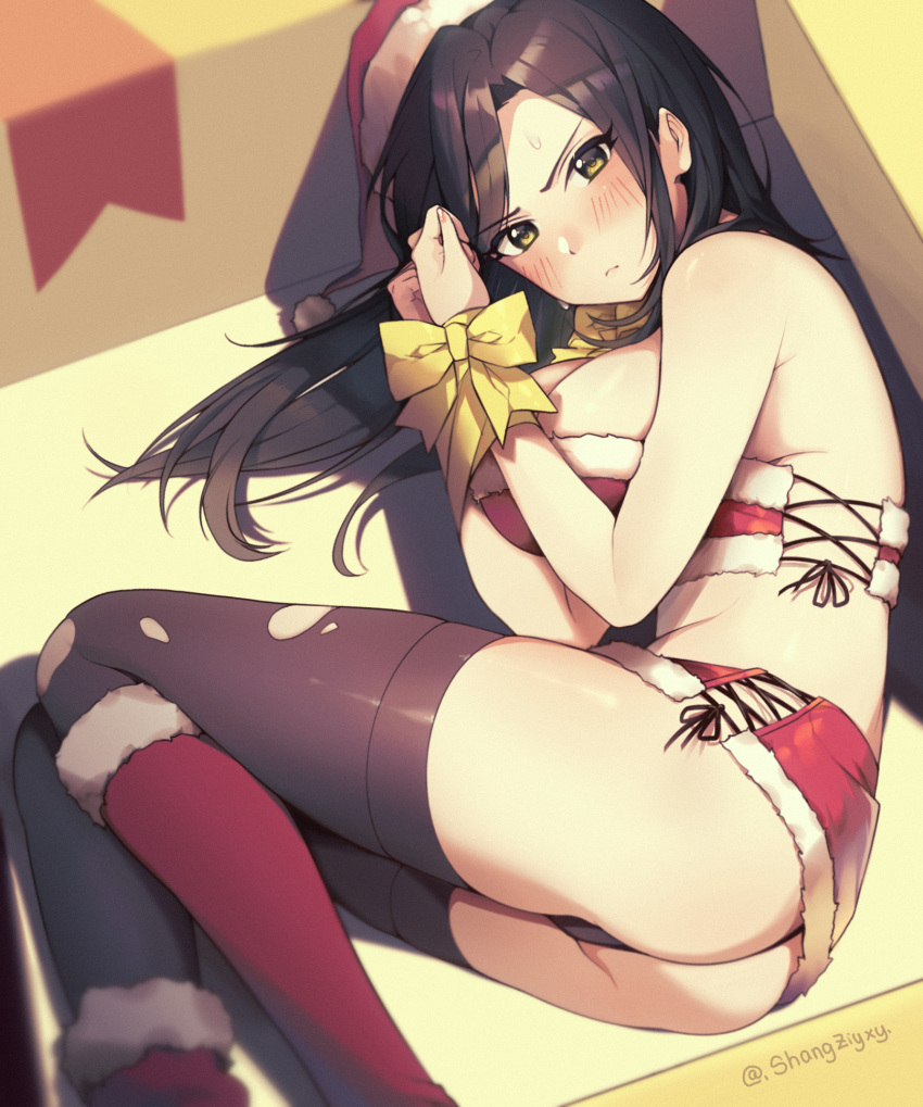 1girl armpit_crease asymmetrical_footwear black_hair black_panties blush bound bound_wrists box breasts christmas commentary cross-laced_clothes frown fur-trimmed_skirt fur-trimmed_tube_top fur_trim gift gift_box hat highres idolmaster idolmaster_cinderella_girls in_box in_container large_breasts looking_at_viewer lying miniskirt mukai_takumi on_side panties santa_hat shangzi skirt solo straight_hair strapless symbol-only_commentary thigh-highs torn_clothes torn_legwear tube_top underwear