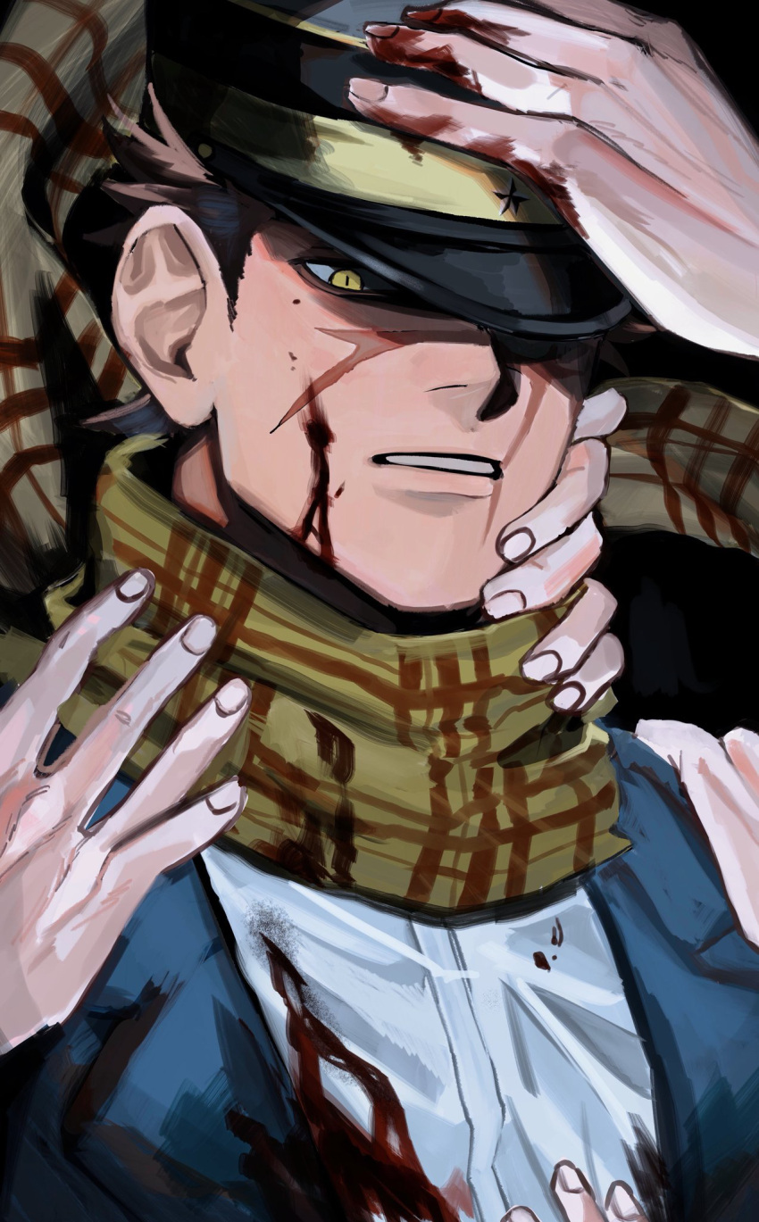 1boy adjusting_clothes adjusting_headwear blood blood_on_clothes blood_on_face brown_eyes brown_hair glowing glowing_eye golden_kamuy hand_on_another's_face hand_on_own_head hat highres kepi male_focus military_hat nipples one_eye_covered scar scar_on_cheek scar_on_face scar_on_mouth scar_on_nose short_hair sideburns solo_focus spiky_hair sugimoto_saichi ton_(ton19130318) upper_body yellow_eyes
