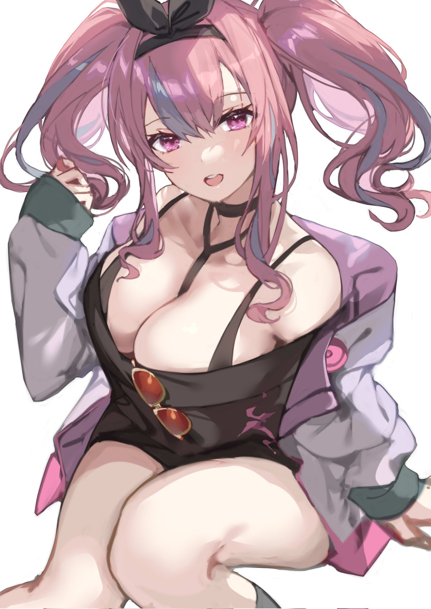 azur_lane between_breasts breasts bremerton_(azur_lane) bremerton_(day-off_date)_(azur_lane) choker collar denchu_(kazudentyu) hairband highres jacket knees_together_feet_apart large_breasts looking_at_viewer open_mouth pink_eyes pink_hair redhead sitting sunglasses thick_thighs thighs twintails