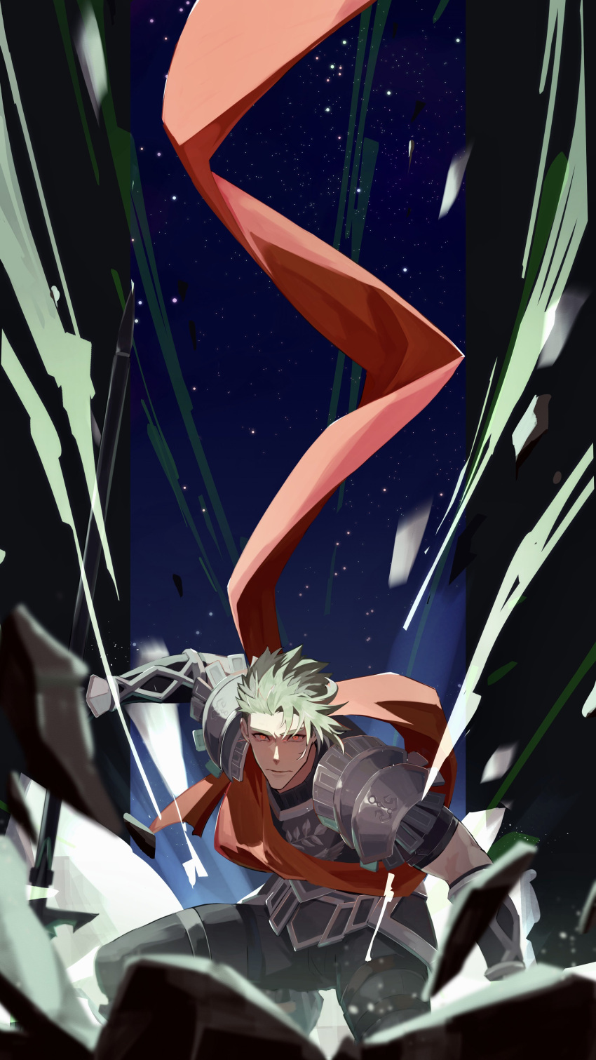 1boy absurdres achilles_(fate) armor closed_mouth dynamic_pose fate/apocrypha fate/grand_order fate_(series) green_hair haruakira highres looking_at_viewer male_focus mature_male orange_scarf red_eyes scarf short_hair sky solo star_(sky) starry_sky