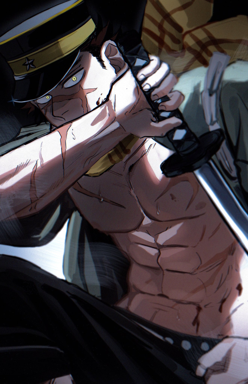 1boy bare_pectorals blood blood_on_face brown_eyes brown_hair fighting_stance glaring glowing glowing_eyes golden_kamuy hat highres holding holding_sword holding_weapon katana kepi looking_at_viewer male_focus military_hat nipples pectorals scar scar_on_cheek scar_on_chest scar_on_face scar_on_mouth scar_on_nose serious short_hair sideburns solo spiky_hair sugimoto_saichi sweat sword ton_(ton19130318) toned toned_male weapon yellow_eyes