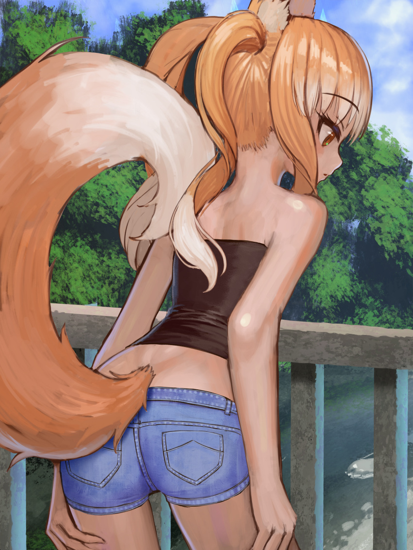1girl animal_ear_fluff animal_ears bare_shoulders bent_over black_tube_top blue_shorts bridge closed_mouth eyebrows_visible_through_hair from_behind gradient_hair grey_hair hands_on_own_thighs highres long_hair looking_down multicolored_hair orange_eyes orange_hair original outdoors profile river shimogami_ataru short_shorts shorts sky slit_pupils solo strapless tail tube_top twintails