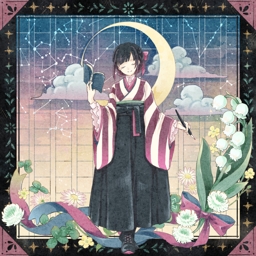 1girl bangs black_border black_footwear black_hair black_hakama blue_background blue_ribbon book boots border bow braid buttons closed_eyes clouds clover clover_(flower) cocoroppy collared_shirt commentary_request constellation crescent_moon daisy facing_viewer flower flower_border flower_request full_body gradient gradient_background hair_bow hair_ribbon hakama hakama_skirt hand_up head_tilt highres holding holding_book holding_pen horizontal_stripes japanese_clothes kimono lace_trim lily_of_the_valley moon nib_pen_(object) open_book original outside_border pen pink_flower red_bow red_kimono red_ribbon ribbon shirt short_hair sidelocks skirt smile solo standing star_(sky) striped striped_kimono two-tone_kimono white_flower white_kimono white_shirt yellow_background yellow_flower