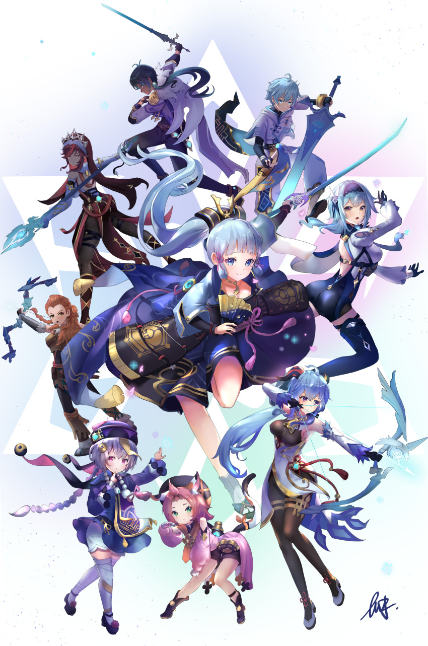 2boys 6+girls absurdres aloy_(horizon) animal_ears arm_guards armor armored_dress arrow_(projectile) backless_leotard bangs bare_shoulders bead_necklace beads bell black_bodysuit black_hairband black_headband black_leotard blue_hair blunt_bangs bodice bodysuit boots bow_(weapon) braid breastplate breasts brown_hair cat_ears cat_girl cat_tail chongyun_(genshin_impact) claw_ring clover_print coif coin_hair_ornament cowbell crossover curvy dark-skinned_male dark_skin detached_sleeves diona_(genshin_impact) earrings eula_(genshin_impact) eyepatch fishnets fur_scarf ganyu_(genshin_impact) genshin_impact greatsword habit hair_ribbon hairband hand_fan hat headband high-waist_shorts high_heels highres holding holding_bow_(weapon) holding_fan holding_weapon horizon_zero_dawn horns japanese_armor jewelry jiangshi kaeya_(genshin_impact) kamisato_ayaka large_breasts leotard light_blue_eyes light_blue_hair long_hair medium_hair mole mole_under_eye multicolored_clothes multicolored_headwear multiple_boys multiple_girls necklace northman48 nun ofuda paw_print pink_hair ponytail puffy_detached_sleeves puffy_shorts puffy_sleeves purple_hair purple_headwear qing_guanmao qiqi_(genshin_impact) red_eyes redhead ribbon rosaria_(genshin_impact) shorts single_earring tail talisman tassel thick_eyebrows thigh-highs thigh_boots thigh_strap tress_ribbon two-tone_dress vambraces veil violet_eyes vision_(genshin_impact) weapon